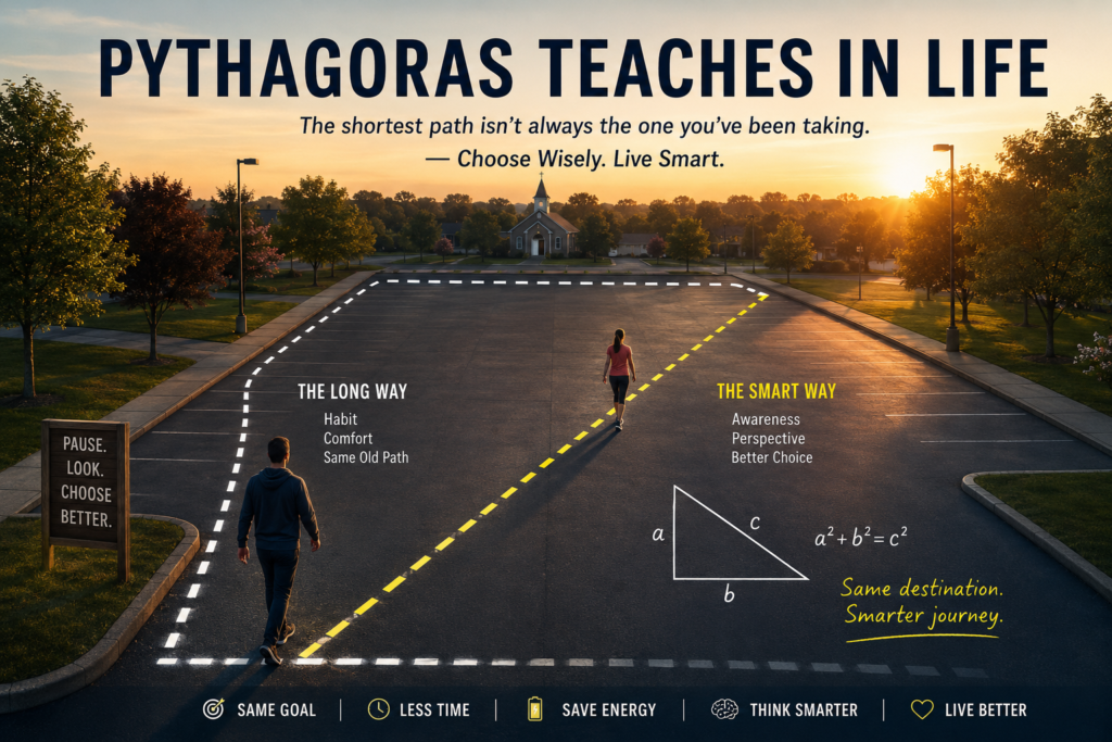 “Featured illustration showing two people crossing a church parking lot in different ways, one taking the long route around the edges while another walks diagonally across the open space symbolizing Pythagoras’ lesson that smarter paths in life can save time and energy.