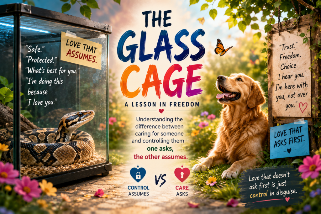 Glass cage with trapped snake vs. free dog on a path, care vs control illustration for "The Glass Cage: A Lesson in Freedom"